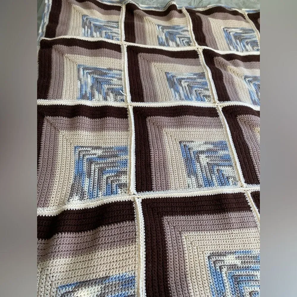 Vintage 1970s Knitted Geometric Bed Throw Blanket